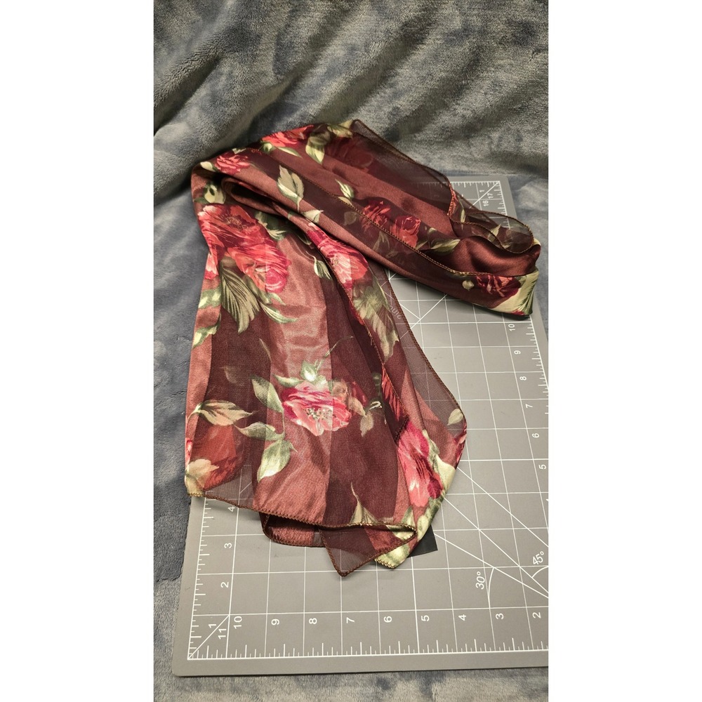 Burgundy Floral Rose Sheer Satin Stripe Scarf Silk Feel RN 93379 Made in Korea
